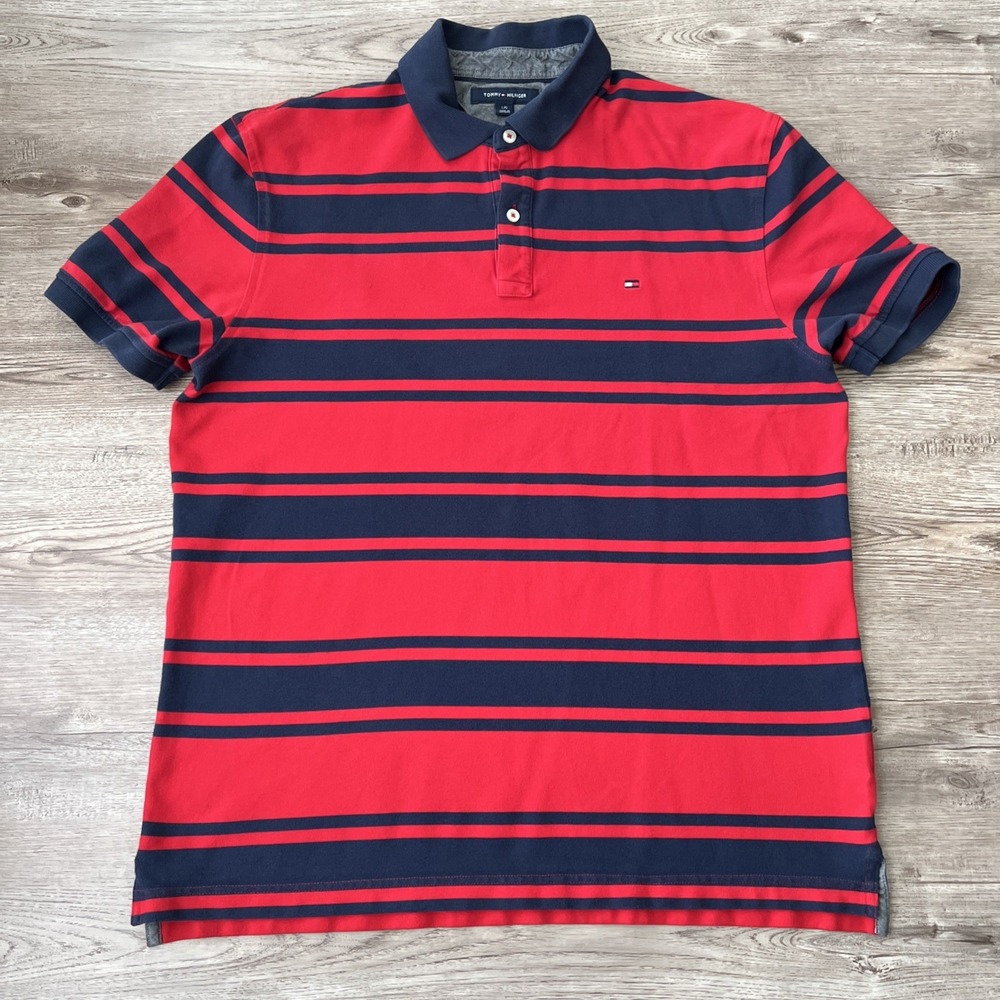 Tommy Hilfiger Classic Fit Polo Mens L Red Blue Stripe Pique Cotton Short Sleeve